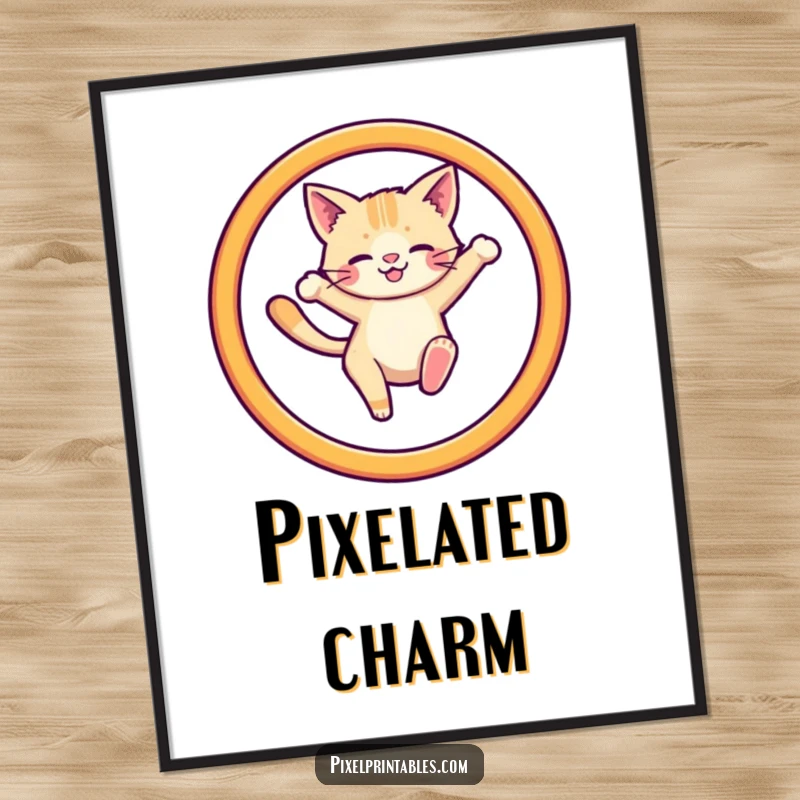 Funny digital art print of a pixelated cat leaping through a hoop, offering instant retro gaming decor.