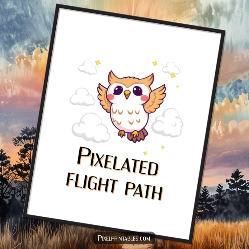 Funny pixel owl digital art print of a joyous pixelated owl flying through pixel clouds, for instant retro decor.