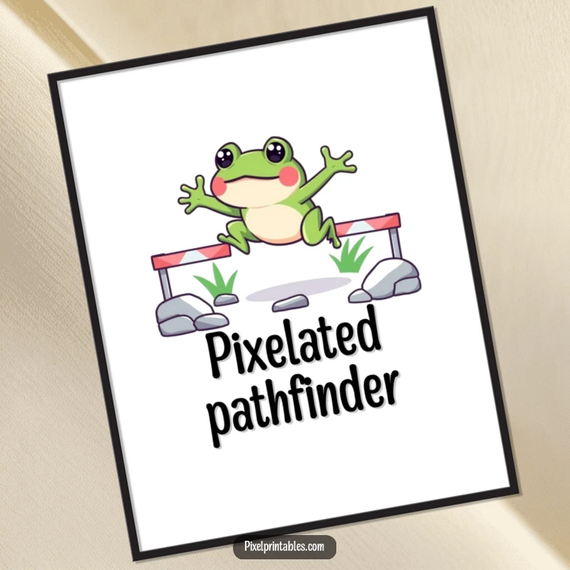 Funny pixelated frog digital art print showing a cheerful frog jumping over pixelated obstacles, ideal for retro gaming room decor.