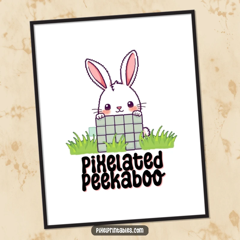 Funny pixel rabbit digital art print of a curious pixelated rabbit peeking from behind a pixel, for instant whimsical decor.