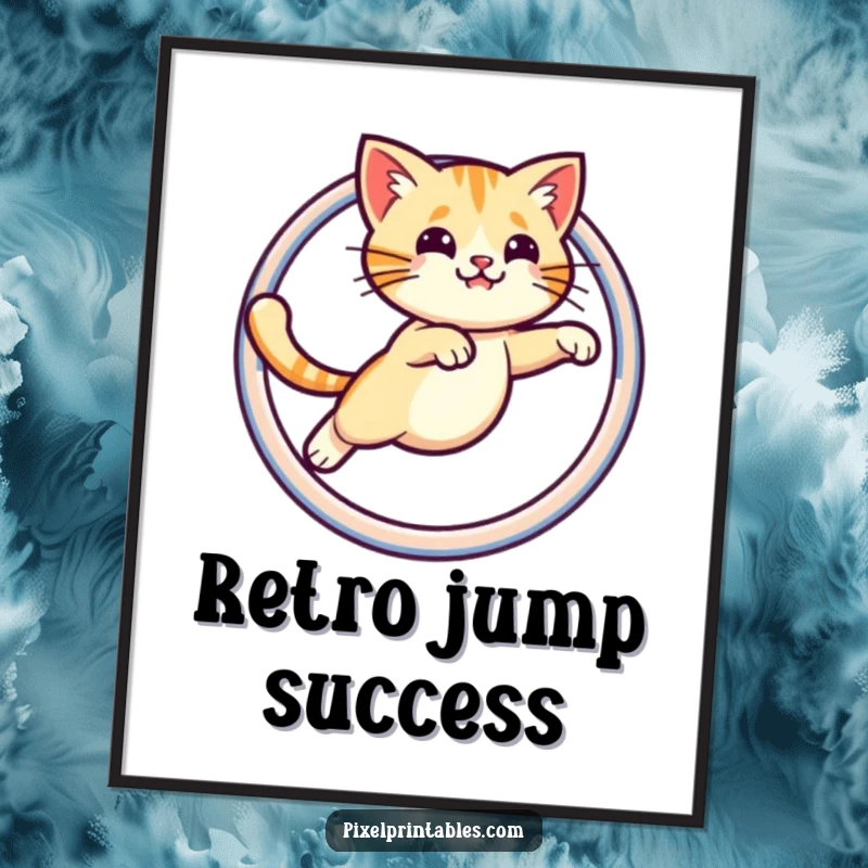 Funny digital art print of a cute pixelated cat performing an impressive leap through a pixelated hoop, celebrating retro gaming with humor.