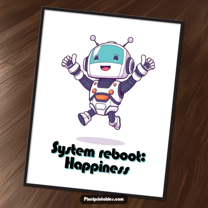 Funny jumping robot digital art print featuring a cute character cheering excitedly, perfect for instant decoration.