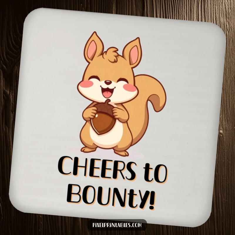 Funny pixelated squirrel triumphantly holding a pixelated acorn on a drink coaster, a retro gaming design for protecting surfaces with joy.