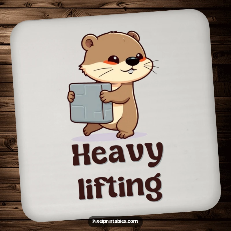 Funny drink coasters featuring a determined otter character pushing a large pixelated block, symbolizing effort and resilience.