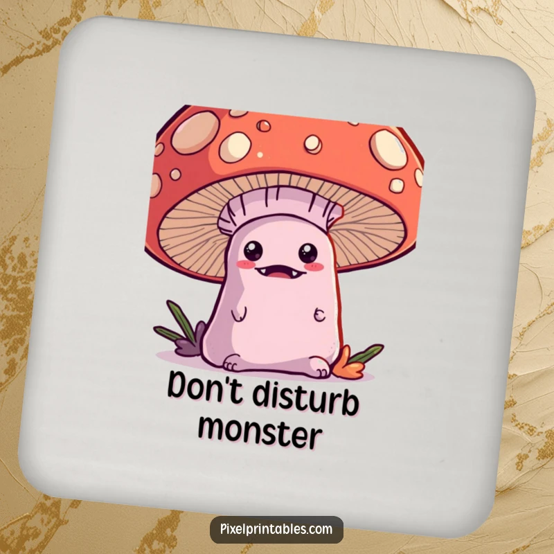 Funny Kawaii Monster Coaster, a cute monster peeking from behind a pixel mushroom, protecting surfaces.