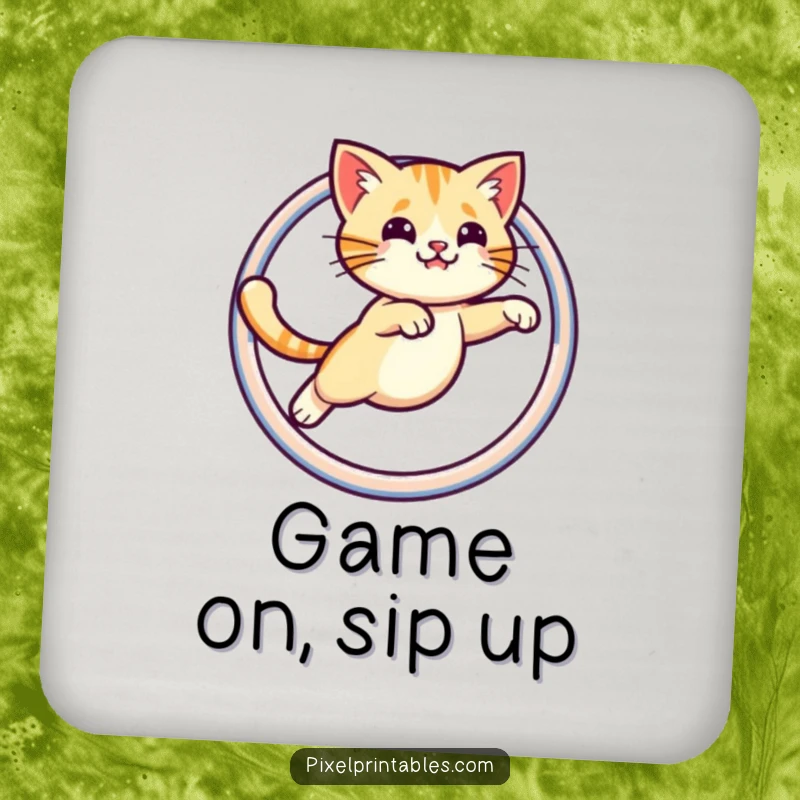 Funny drink coaster showing a pixelated cat leaping through a pixelated hoop, protecting surfaces with retro gaming humor and style.