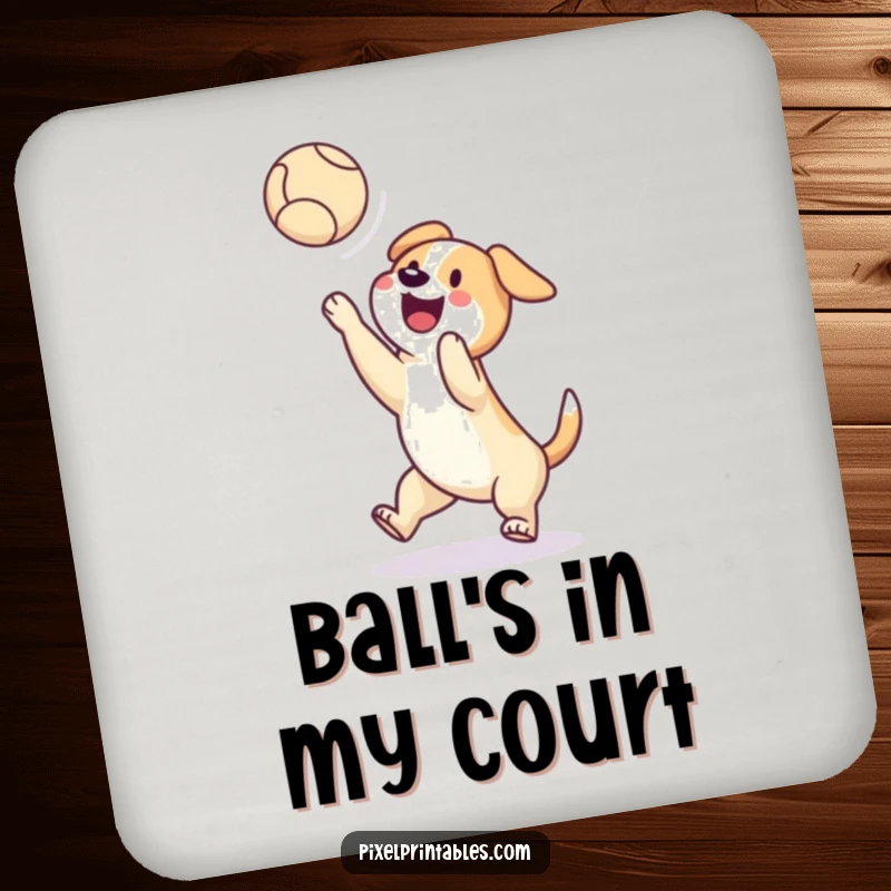 Funny drink coaster showing a pixelated dog catching a pixelated ball mid-air, protecting surfaces with retro gaming humor and pet charm.