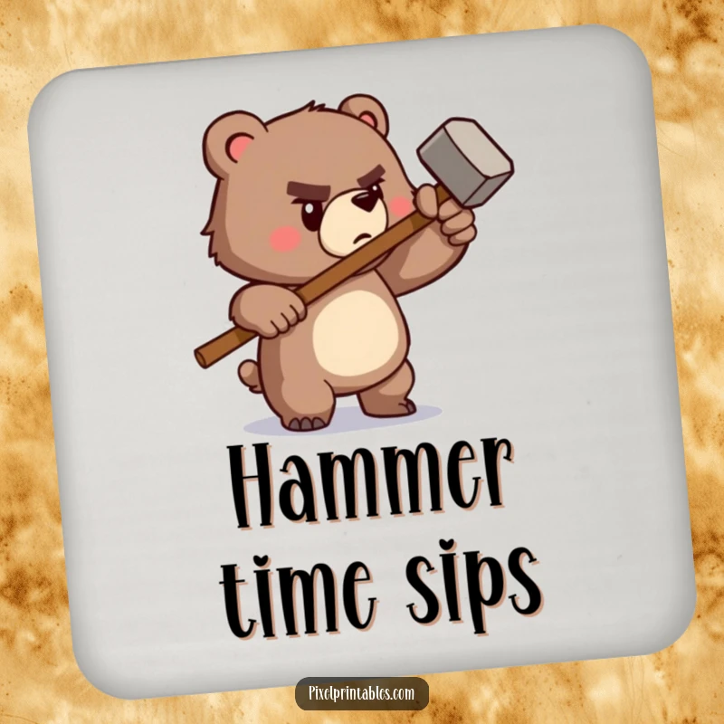 Funny drink coaster featuring a determined pixelated bear wielding a tiny pixelated hammer, offering surface protection with retro DIY appeal.