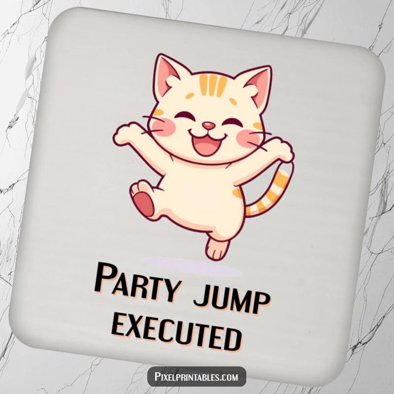Funny Pixel Cat Coaster: Adorable pixelated cat leaping with a smile, cute pixel art coaster.