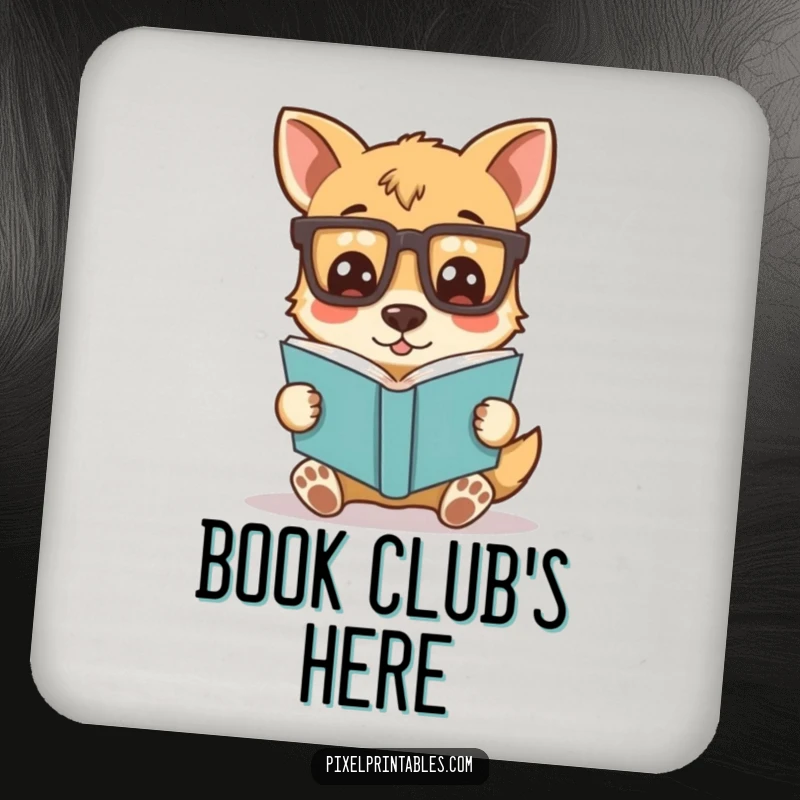 Funny drink coaster showing a silly dog character wearing pixelated glasses and reading a book, symbolizing a love for literature and canine intellect.