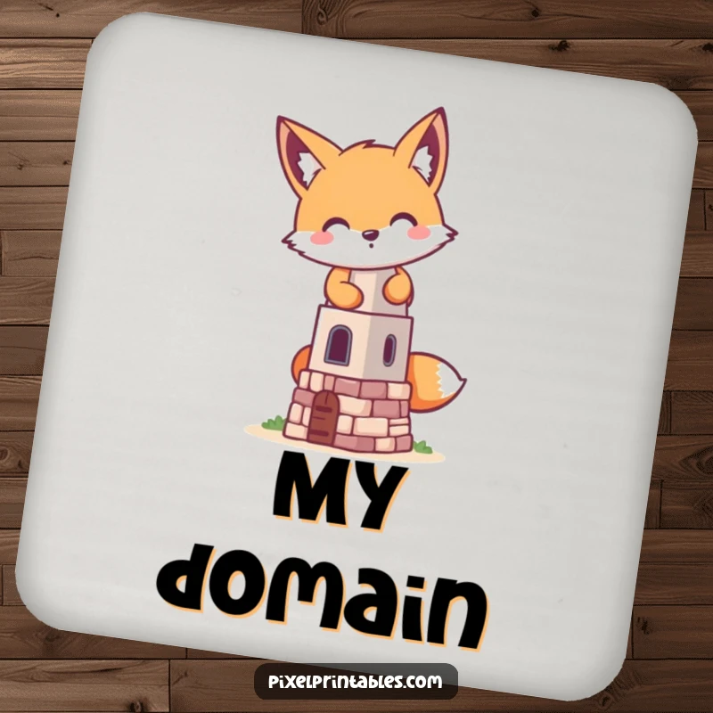 Funny pixelated fox building a tiny pixelated tower on a drink coaster, a retro gaming design for protecting surfaces with humor.