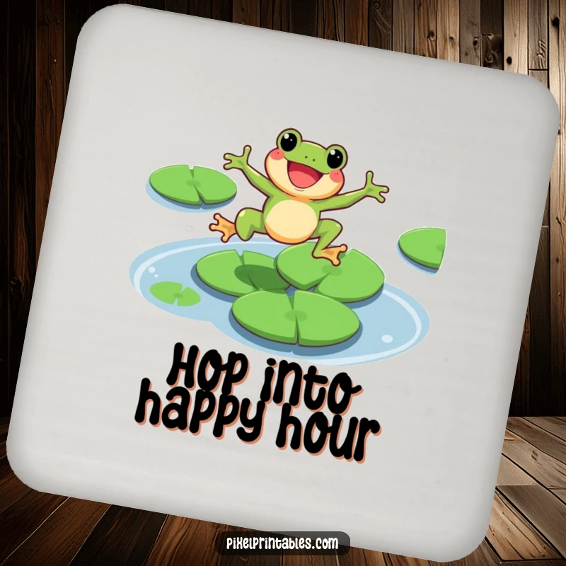 Funny pixel frog character leaping over lily pads, protective drink coaster, retro pixel art.