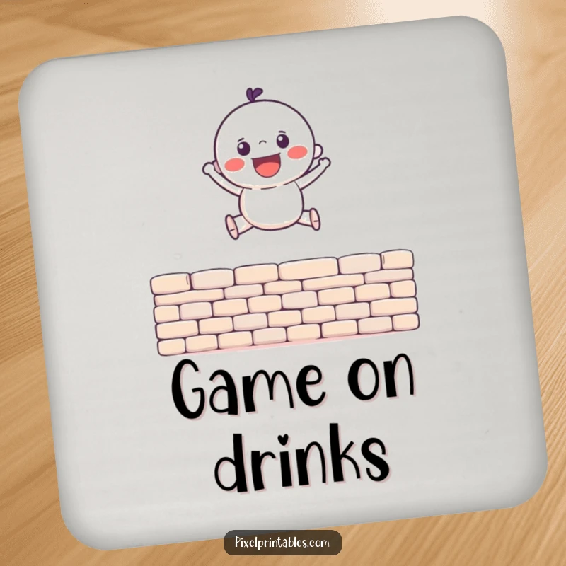 Funny Coasters showing a gleeful pixel character leaping over a pixel wall, perfect for protecting surfaces with retro humor.