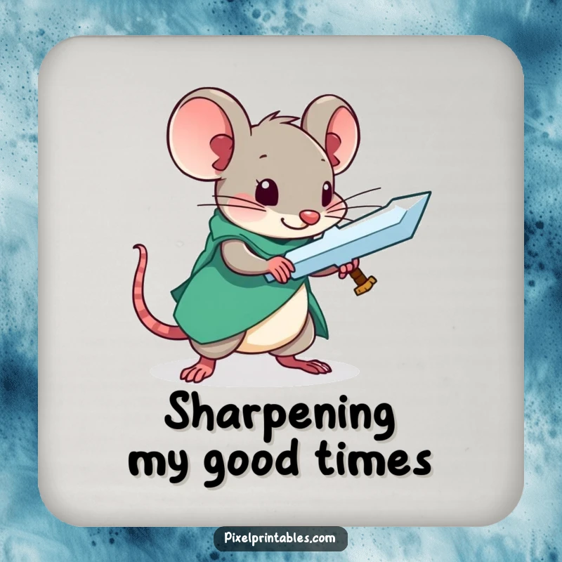 Funny drink coaster depicting a pixelated mouse crafting a sword, protecting surfaces with fantasy flair.