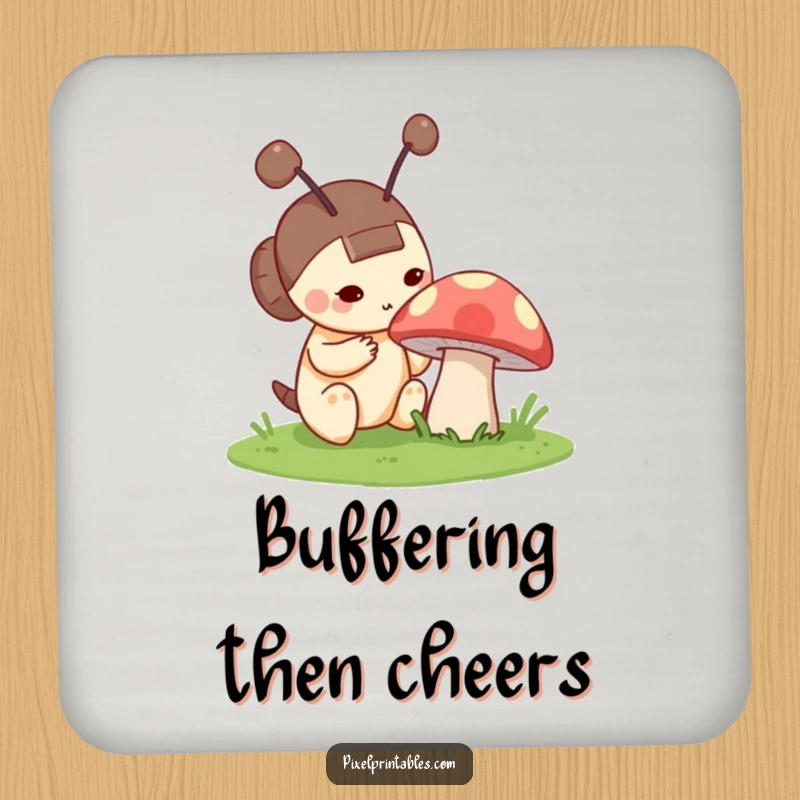 Funny drink coaster with a curious pixel character with blocky antennae near a pixelated mushroom, protecting surfaces with retro charm.