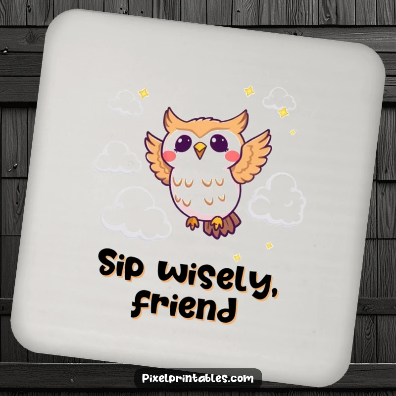 Funny pixel owl coaster featuring a joyous pixelated owl flying through pixel clouds, for retro drink protection.