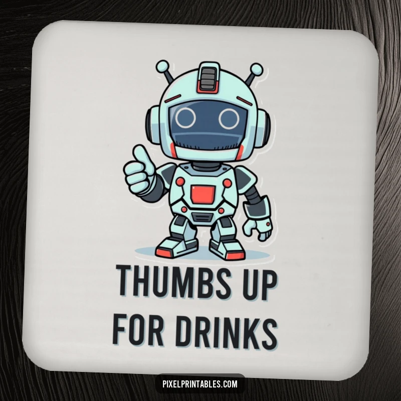 Funny drink coaster featuring a pixelated robot giving a thumbs-up, protecting surfaces with celebratory flair.