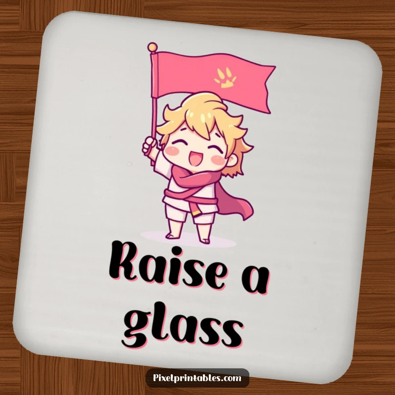 Funny Drink Coasters with a triumphant pixel character with sharp edges raising a pixel flag, adding gamer style.