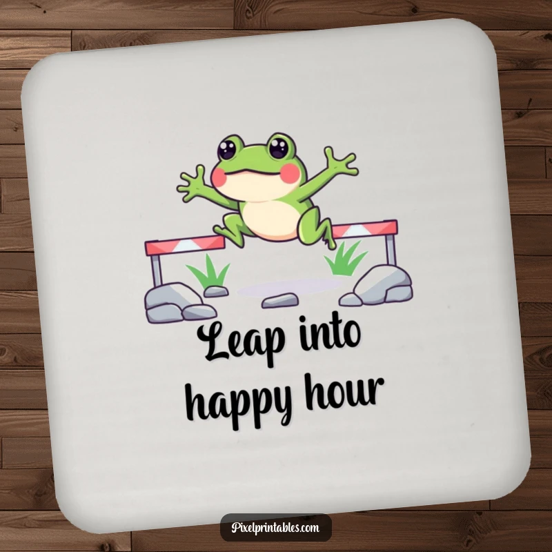 Funny pixelated frog drink coaster depicting a frog jumping over pixelated obstacles, bringing retro gaming fun to tabletops.