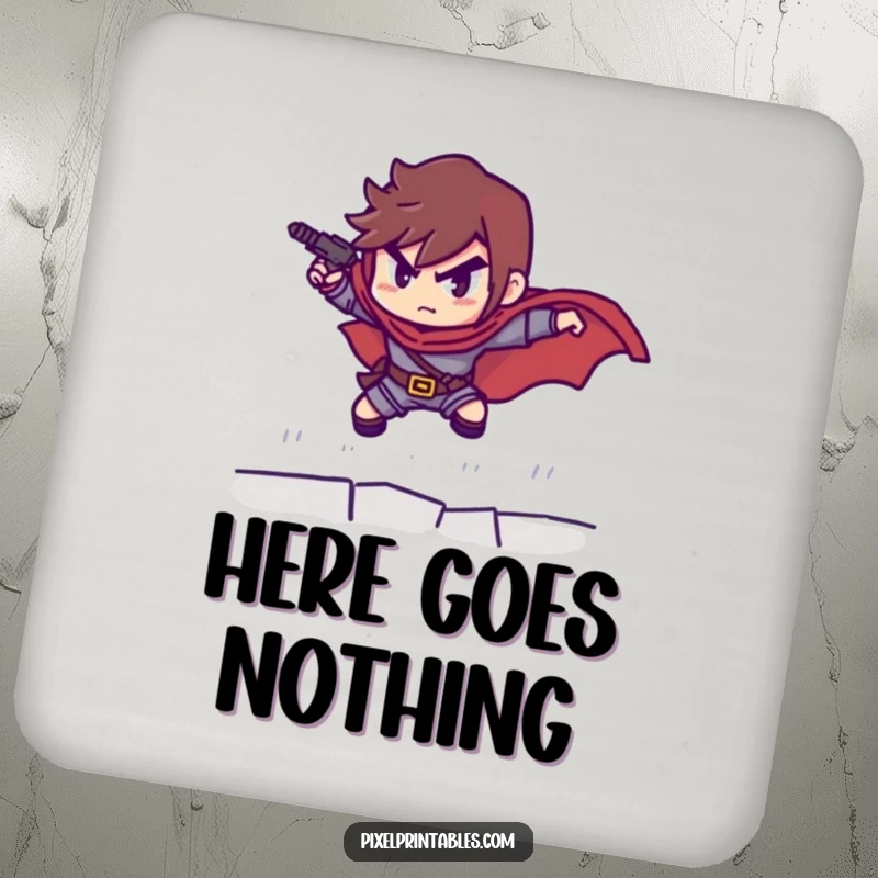 Funny coaster with a determined pixelated hero preparing to leap, protecting surfaces with retro gaming charm.