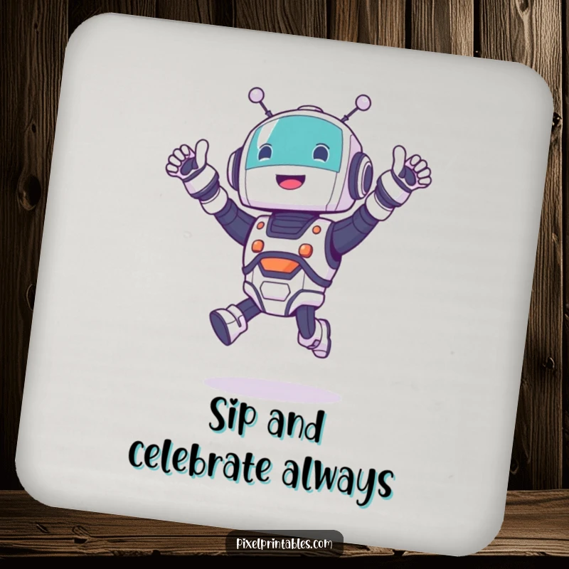 Funny jumping robot coasters showing a cute character cheering excitedly, perfect for protecting furniture with style.