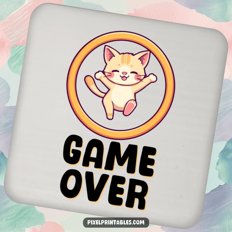Funny coaster displaying a pixelated cat leaping through a hoop, protecting furniture with nostalgic gaming art.