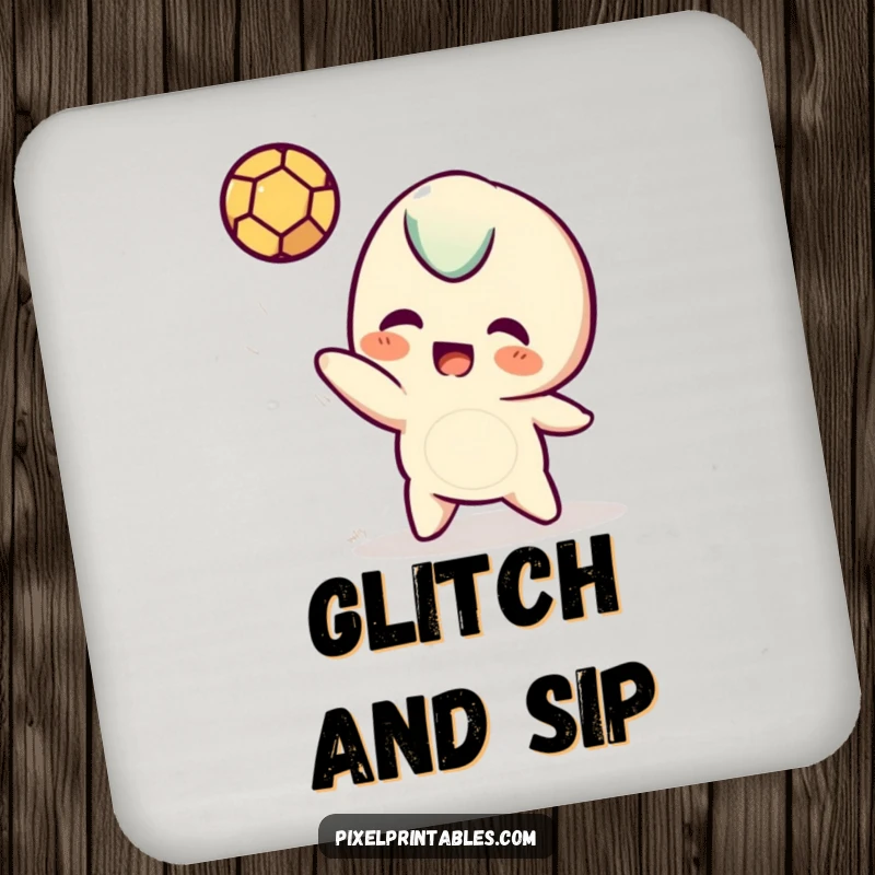 Funny pixel coaster featuring a playful pixelated character tossing a pixel ball, perfect for protecting surfaces with humor.