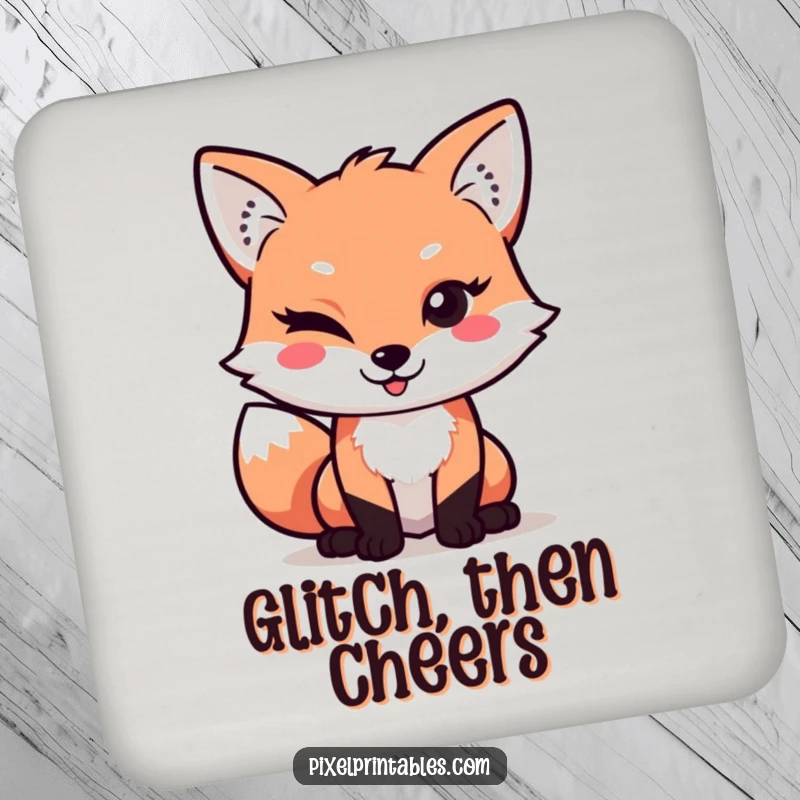 Funny Pixel Fox Coaster: Mischievous pixelated fox winks playfully, adding retro gamer humor to protect your surfaces.