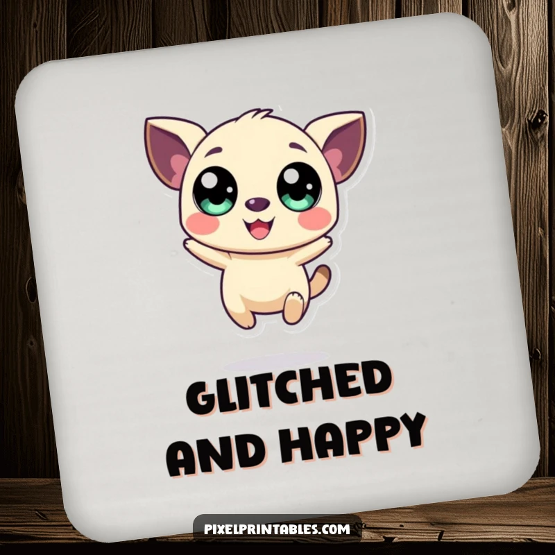 Funny drink coaster featuring a large-eyed pixelated creature happily jumping, perfect for retro-themed surface protection.