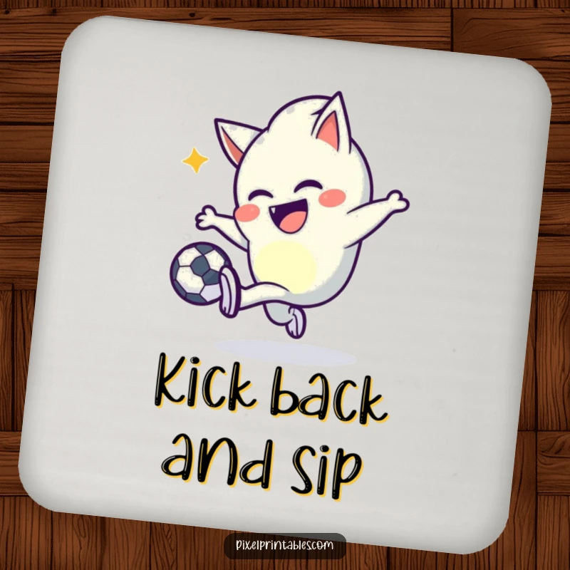 Funny pixel kicker coasters featuring a mischievous character with pointed pixels joyfully kicking a pixel ball, protecting tables.