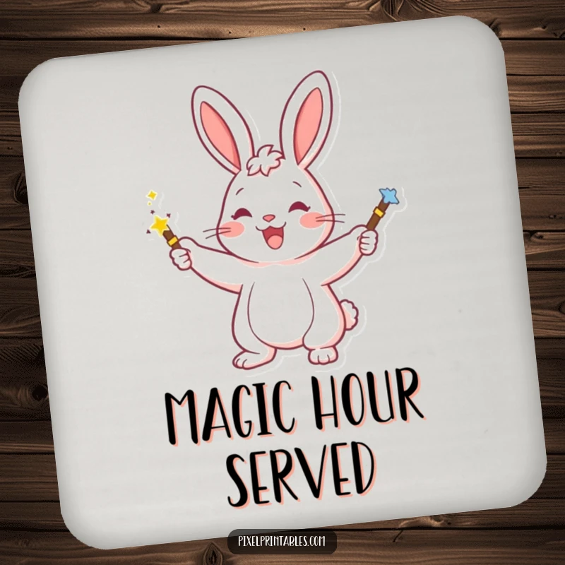 Funny drink coasters featuring a happy rabbit character casting pixelated magic with a wand, adding a touch of wonder.