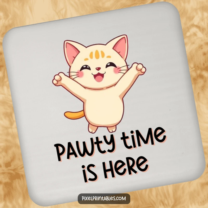 Funny Pixel Cat Drink Coasters showcasing a smiling, pixelated cat performing a playful leap, perfect for protecting surfaces with feline style.