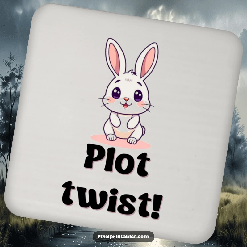 Funny pixelated rabbit peeking around a pixelated corner on a drink coaster, a retro gaming design for protecting surfaces with humor.