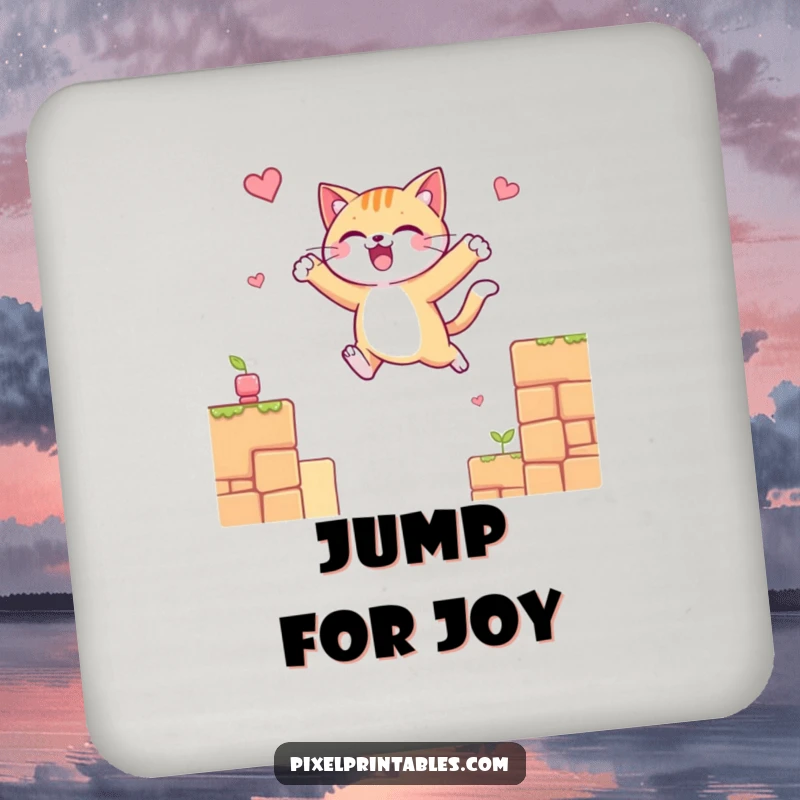 Funny drink coasters featuring a cheerful cat character leaping over pixelated platforms, adding retro gaming charm.