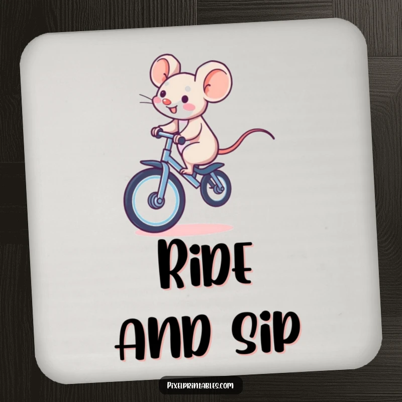 Funny drink coaster featuring a giggling pixelated mouse riding a pixelated unicycle, offering surface protection with retro whimsical appeal.
