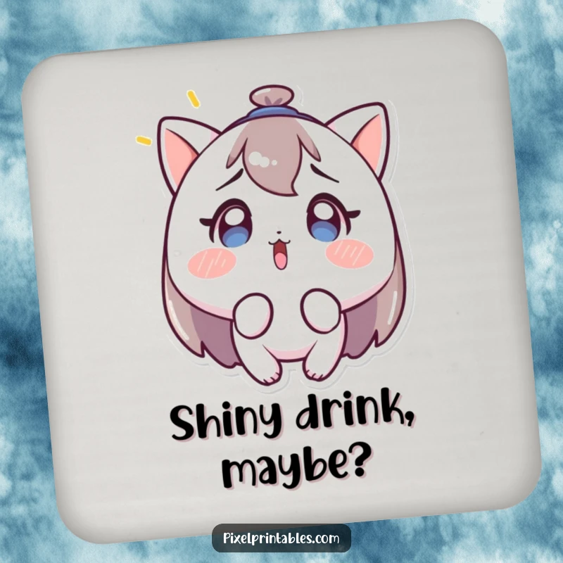 Funny drink coasters featuring a character with a surprised expression, looking at a blinking light, protecting surfaces with playful confusion.