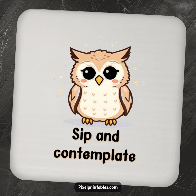 Funny pixelated owl drink coaster featuring an owl studying a pixelated star map, adding geeky charm to beverage service.