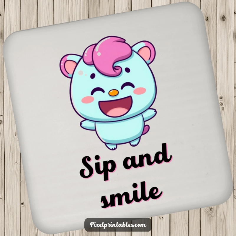 Funny coaster featuring a content pixelated character with a warm smile, protecting surfaces with cheerful charm.
