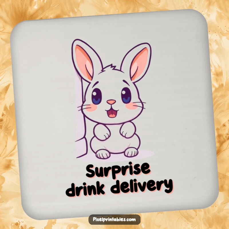 Funny pixelated rabbit peeking around a corner, surprised expression, retro pixel art drink coaster, protective surface.