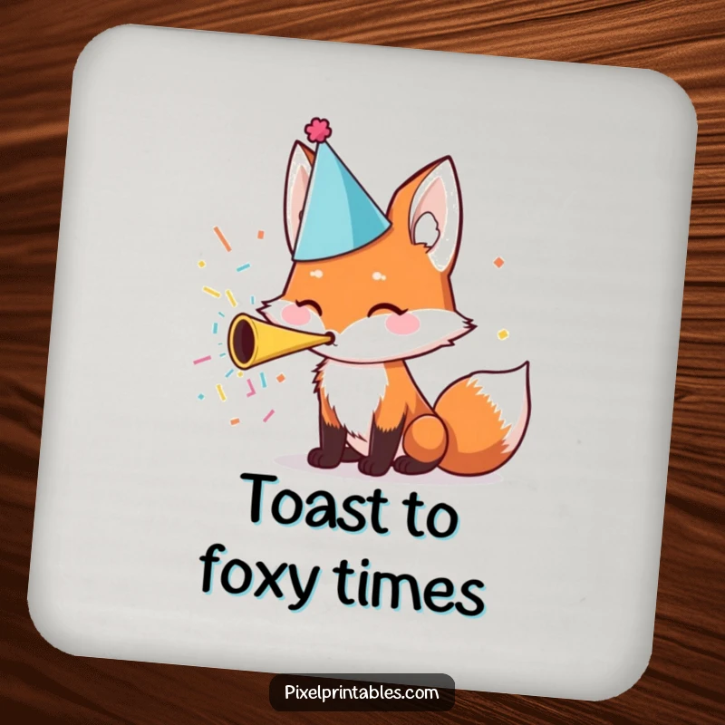 Funny Coaster: A cute fox wearing a party hat blows a confetti horn, protecting surfaces with festive charm.
