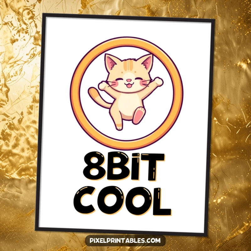 Funny poster featuring a pixelated cat leaping through a pixelated hoop, evoking retro gaming nostalgia.