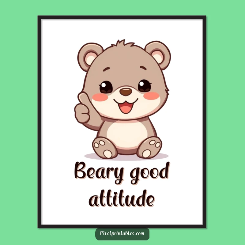 Funny Pixelated Bear Cub Thumbs Up Poster, Positive Funny Gift Decor