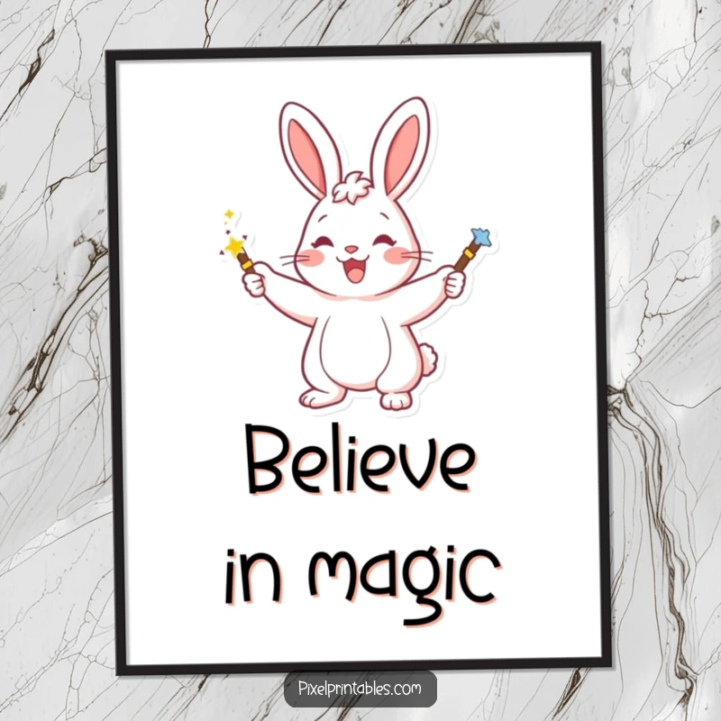 Funny poster illustrating a happy rabbit character conjuring pixelated magic with a wand, creating a whimsical and enchanting scene.