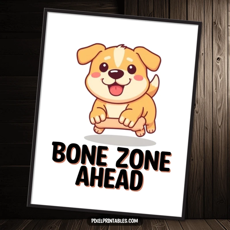 Funny Pixel Dog Poster: Adorable pixelated dog determinedly chasing a pixel bone, cute pixel art wall decor.