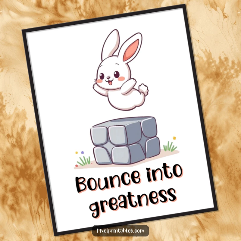 Funny Poster: A playful bunny is captured mid-jump over a pixelated block, creating a dynamic and fun scene.