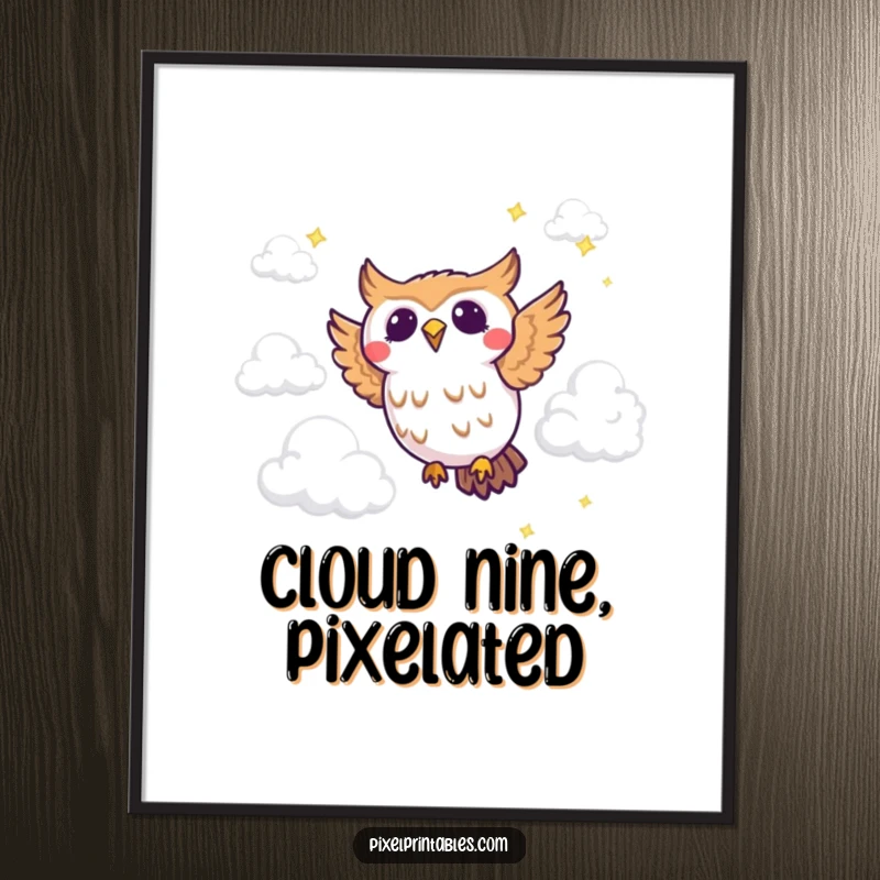 Funny pixel owl poster showing a joyous pixelated owl flying through pixel clouds, celebrating retro gaming art.