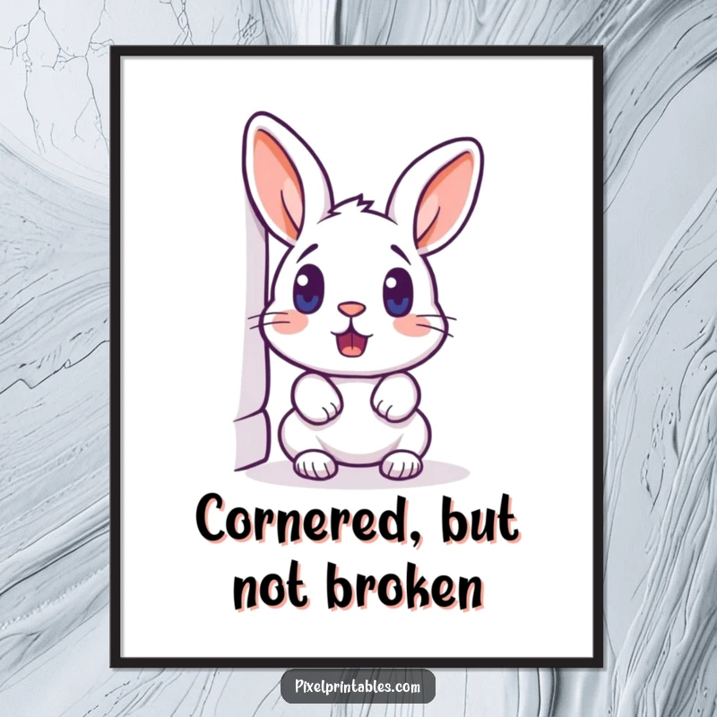 Funny pixelated rabbit peeking around a corner, surprised expression, retro pixel art poster, vibrant gamer decor.