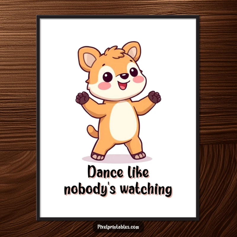 Funny pixel animal poster featuring a happy, blocky animal performing a silly dance, adding a playful charm to walls.