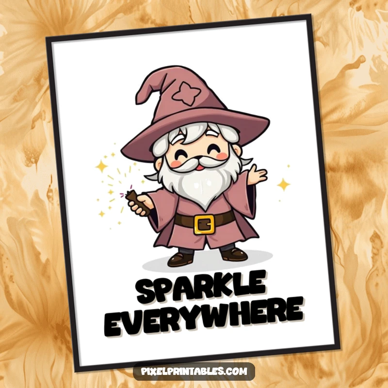 Funny blocky wizard character casting a sparkly spell, pixel art poster, retro fantasy.