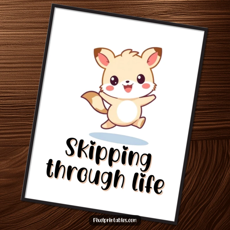 Funny poster of a cute pixelated animal character skipping with joy, perfect for adorable retro wall decor.